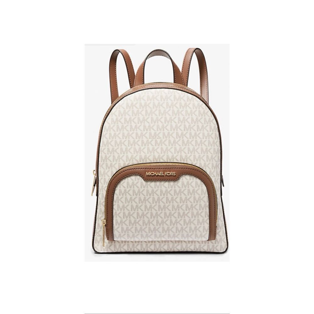 Michael Kors Jaycee Medium Zip Pocket Backpack Bag Tote Vanilla Logo Leather NWT